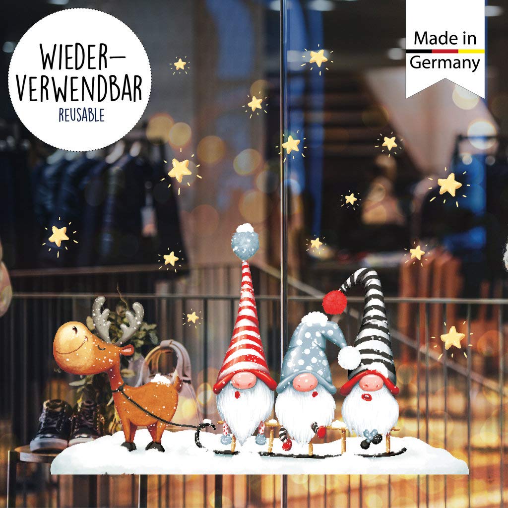 Wandtattoo Loft XXL Fensterbild Weihnachten Elch mit Zwergen Trollen Schlitten Sterne wiederverwendbare Fensteraufkleber Fensterdeko Schaufensterdeko