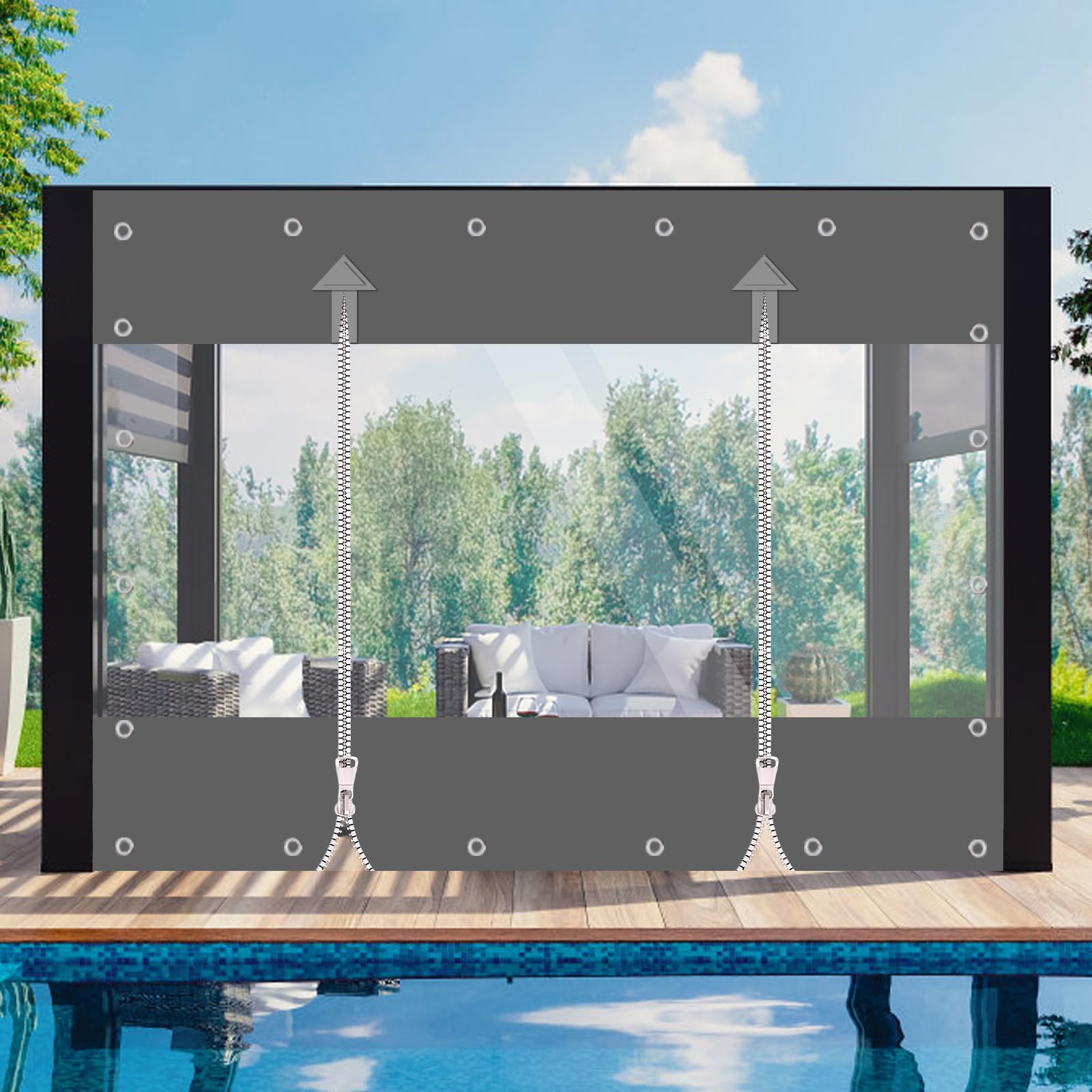 Transparente Plane, 650g/m² PVC Plane, Outdoor Vorhang mit Reißverschluss, Wasserdiche Abdeckplanne Windschutz und Regenschutz für für Pavillon, Balkone, Terrassen (Grau, Höhe 2.1m x Breite 3m)