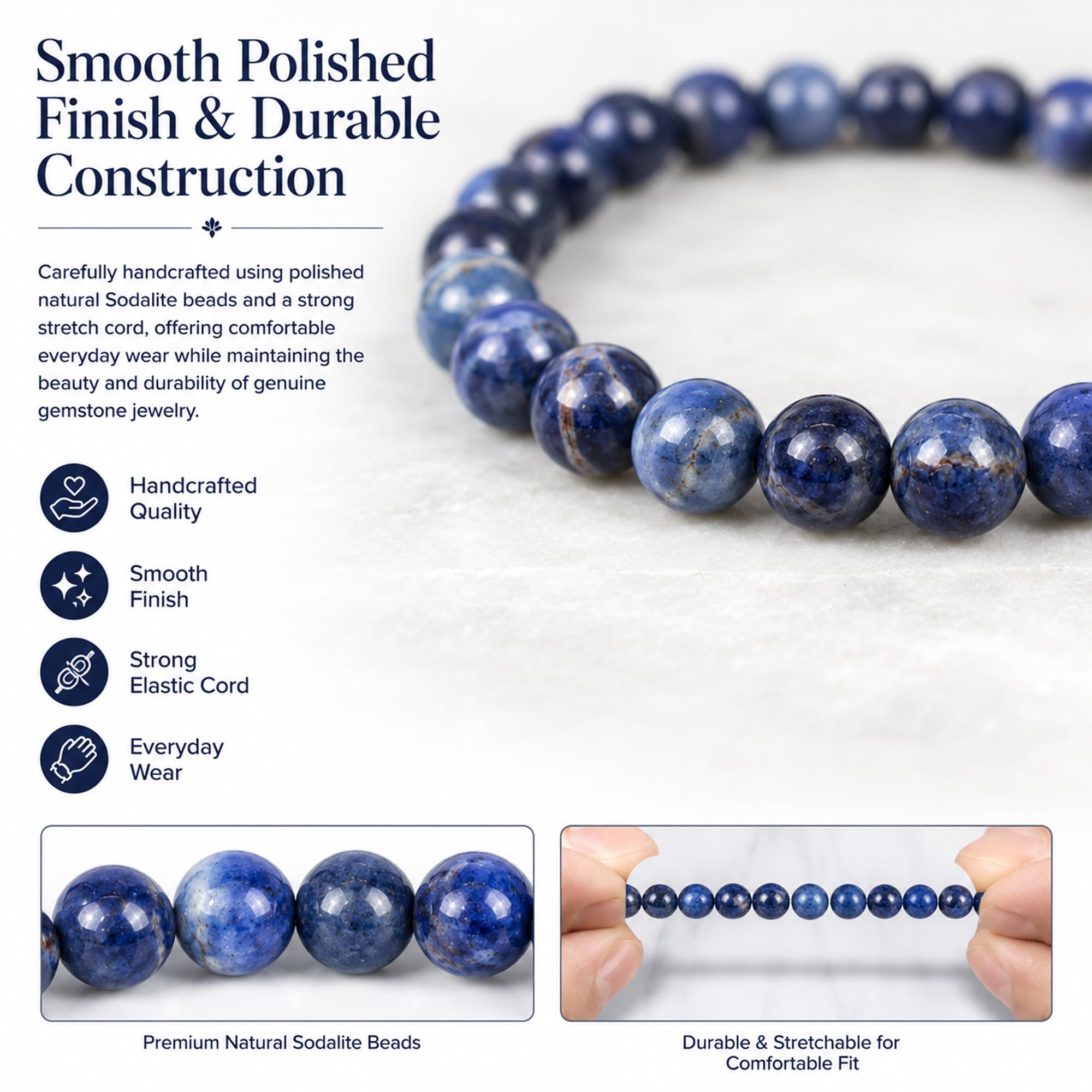 Serein Sodalite Bracelet 8mm Round Beads Natural Healing Crystal Blue Crystal Stretch Bracelet for Clarity, Confidence, Focus, Communication & Positive Energy, Wisdom & Clarity for Men & Women 1