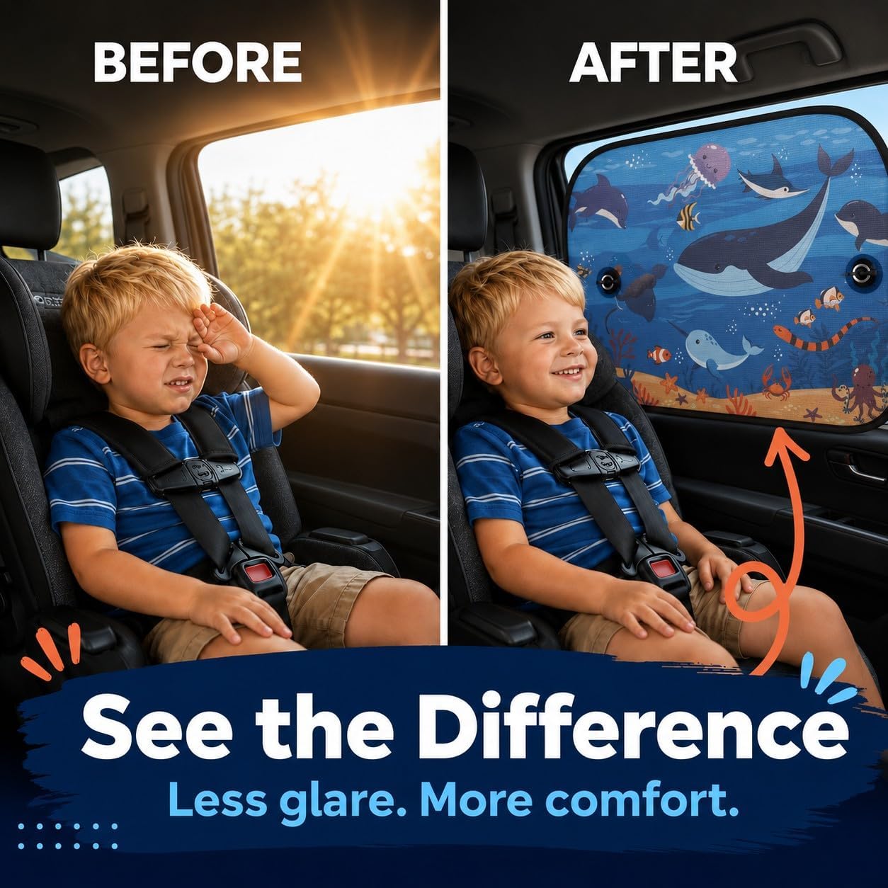 Car Window Shade, 2 Pack Cartoon Animal Side Window Sun Shades with Suction Cups, UV Protection Baby Car Window Shades for Sun Glare, Heat & Travel Comfort (Whale)