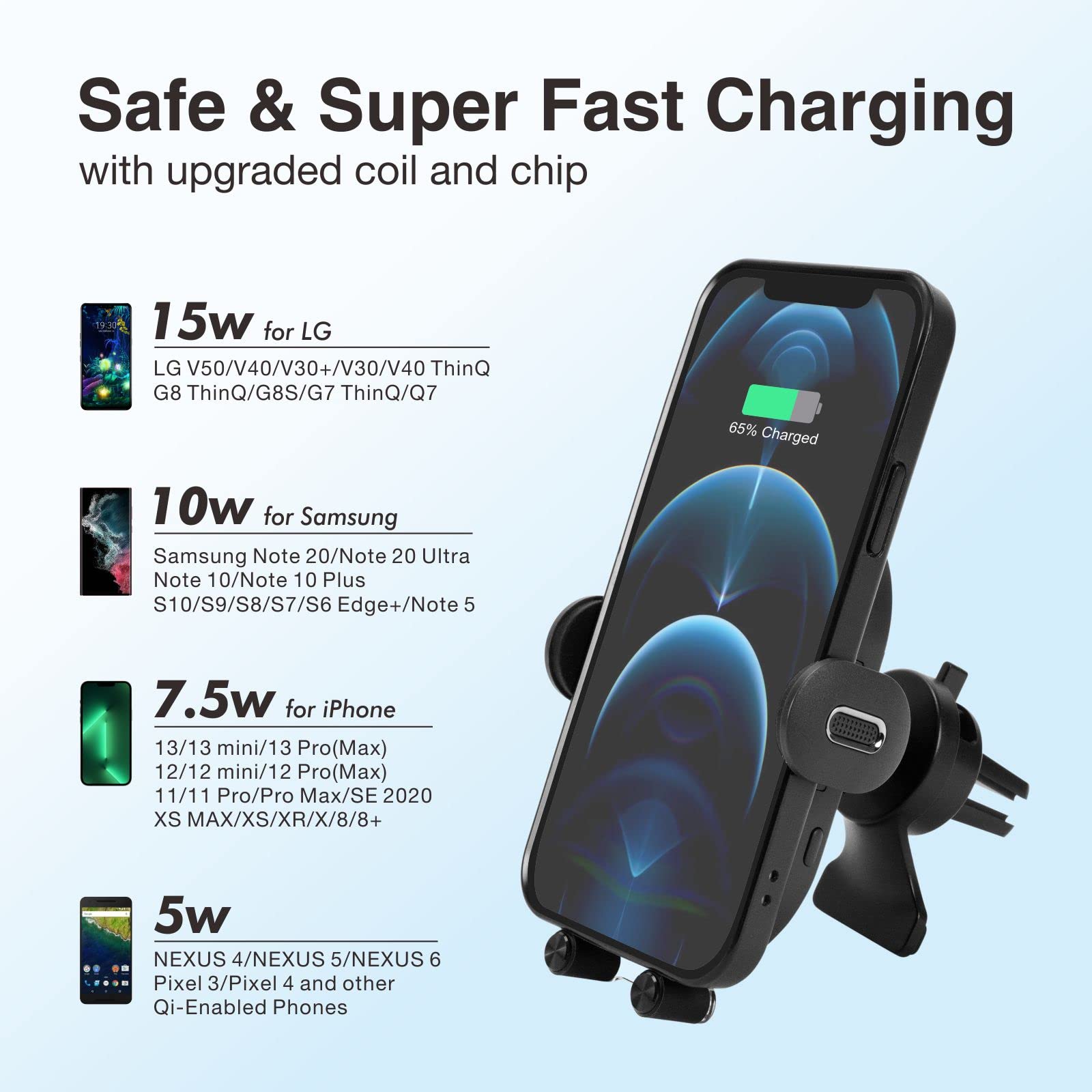 MOCA Wireless Car Charger, Qi 15W Auto Clamping Car Wireless Charger Air Vent Car Phone Mount Compatible with iPhone 13/13 Pro/12 Pro Max/12 pro/12/11/10/8 Series, Samsung Galaxy Series