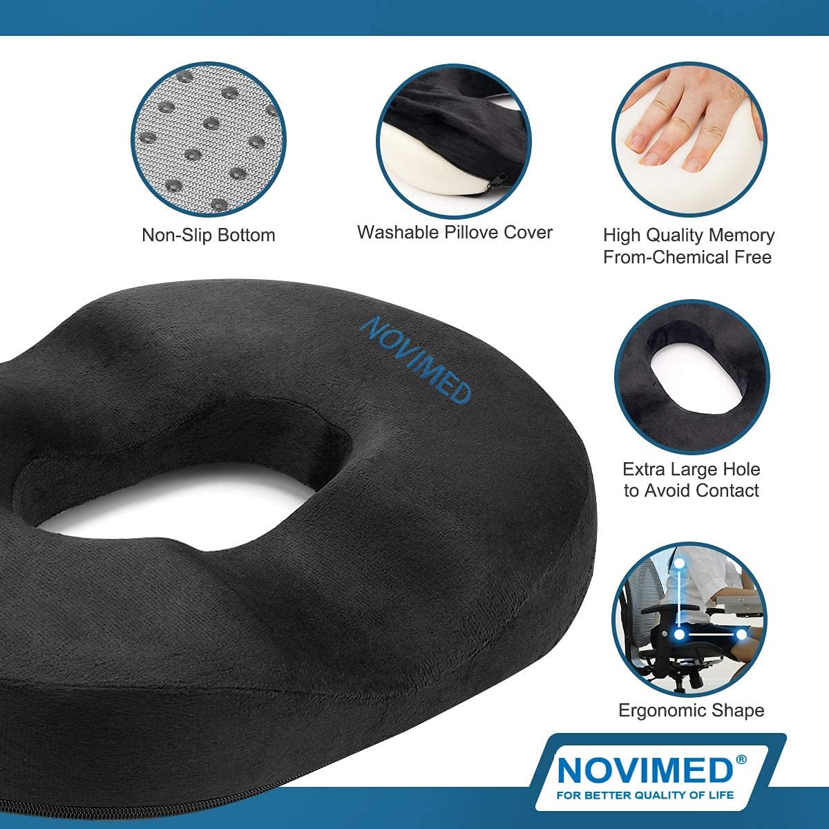 NOVIMED Orthopedic Donut Pillow Hemorrhoid Tailbone Cushion for Prostate, Pregnancy, Coccyx Pain