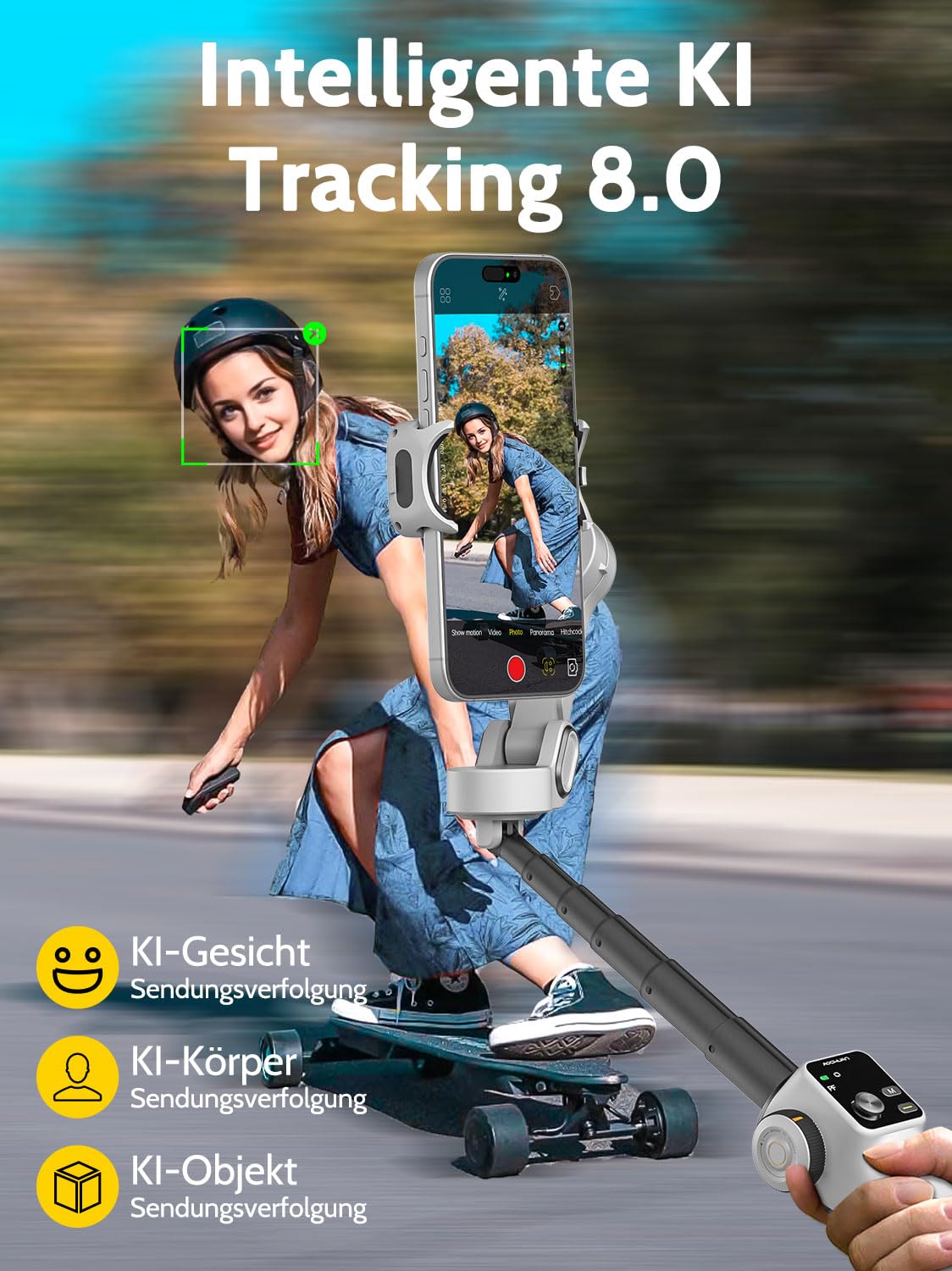 AOCHUAN Smartphone-Gimbal für Videoaufnahmen mit AI-Tracking, 3-Achsen-Vlogging-Gimbal-Stabilisator für iPhone 16/15 mit OLED-Display mit 7,8-Zoll-Verlängerungsstange, Auslösetaste Smart V8 (Weiß)
