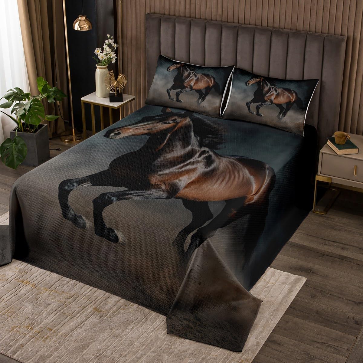 Castle Fairy Wild Horse Coverlet Set Twin Size,Black Brown Wildlife Animals Quilted Coverlet for Kids Children Room,Rustic Farmhouse Style Bedspread 2 Piece Quilt Set with 1 Pillow Sham