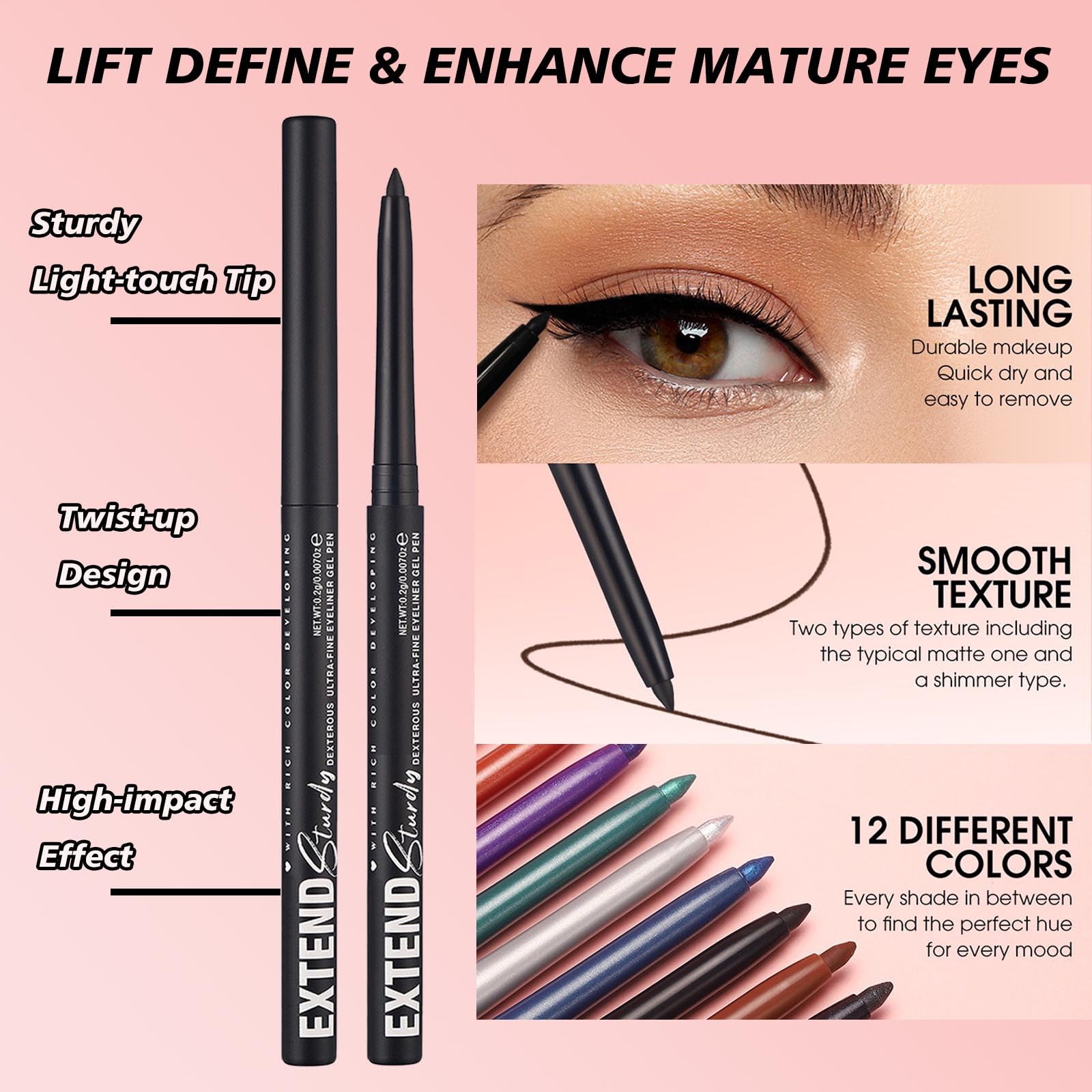 Wasserdichtes, wischfestes Creme-Eyeliner-Set, schnelltrocknend, glatter Gleiter, 12 vielseitige Farbtöne erhältlich, Anfänger-zugelassen, langlebig, sicher für empfindliche Augen und alle