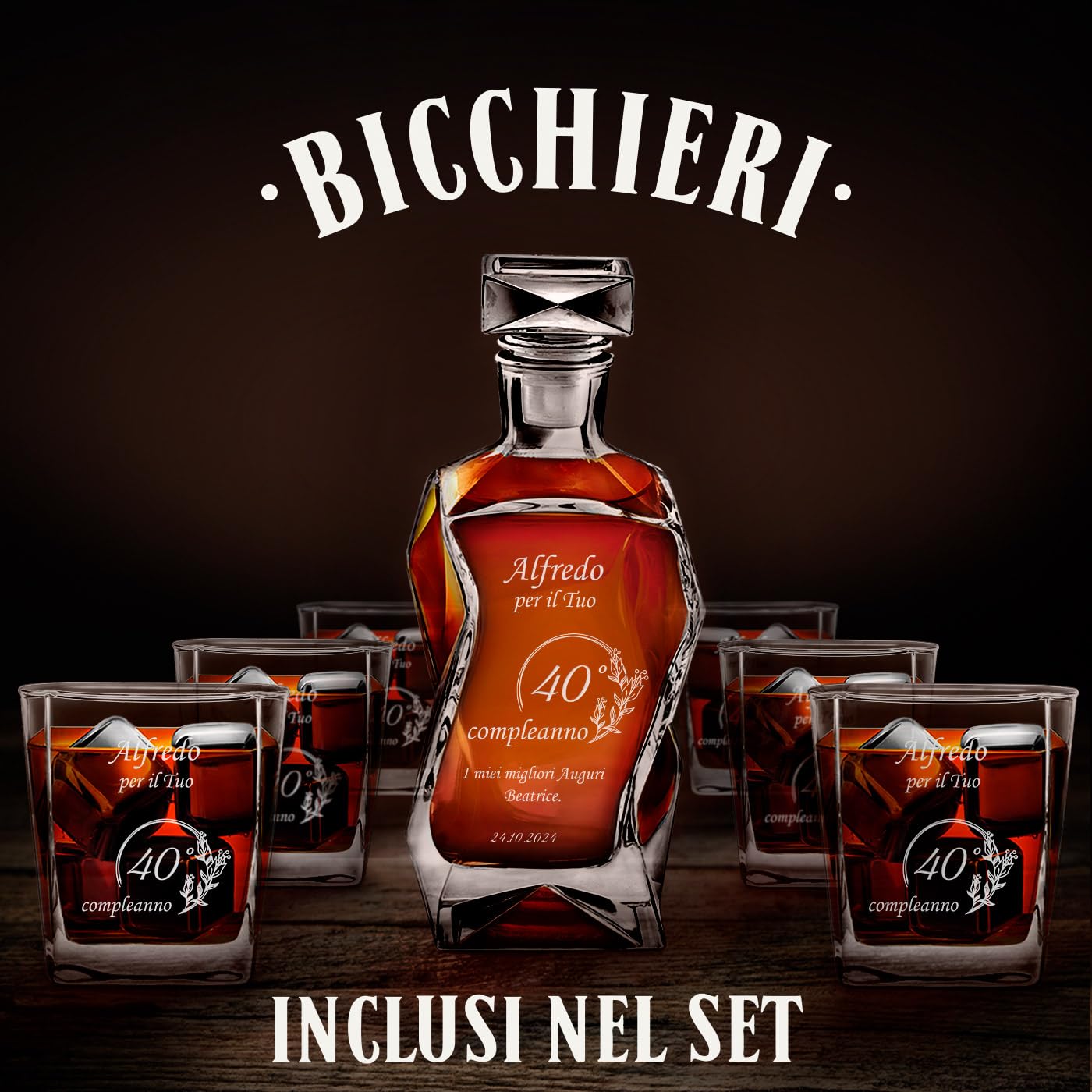 Maverton Set Decanter per Whisky in vetro - da 700 ml - incisione personalizzata - Caraffa con 6 bicchieri - idea regalo per il compleanno - per l’ uomo - regalo di Natale - Dei campi