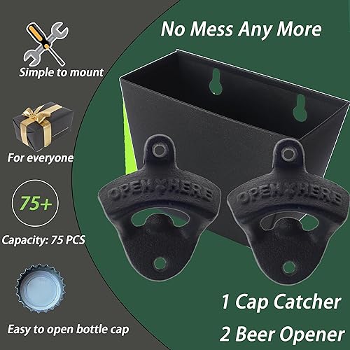 Miniatura 2 de Abridor de tapa de botella de hierro fundido negro Abridor de cerveza de montaje en pared con poste colector de tapa montado