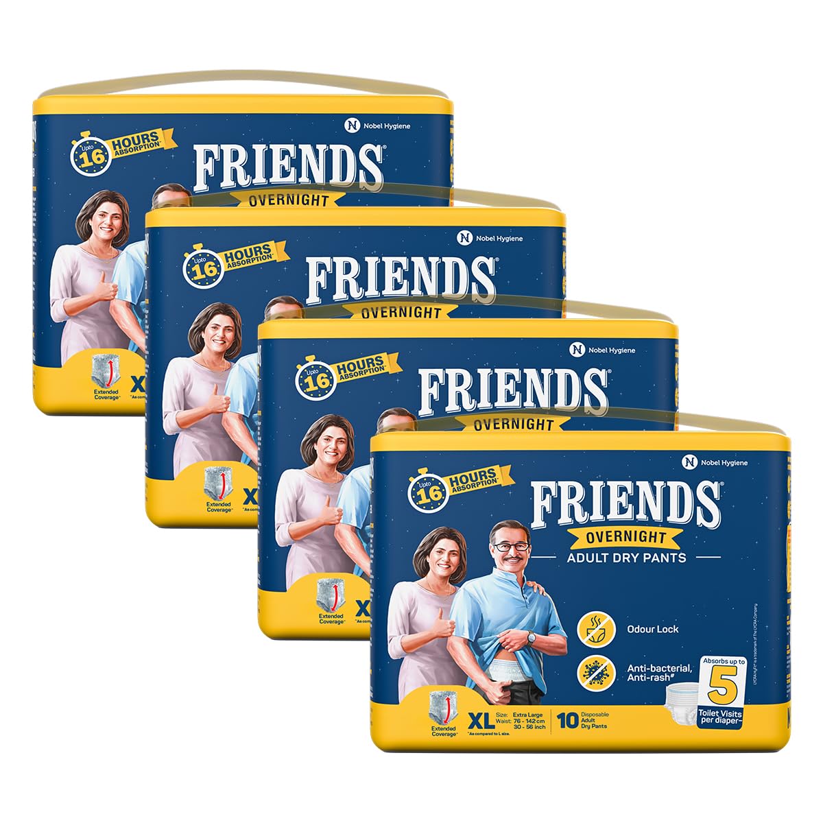 Friends Overnight Adult Diapers Pants Style - 40 Count (XL) with odour lock and Anti-Bacterial Absorbent Core