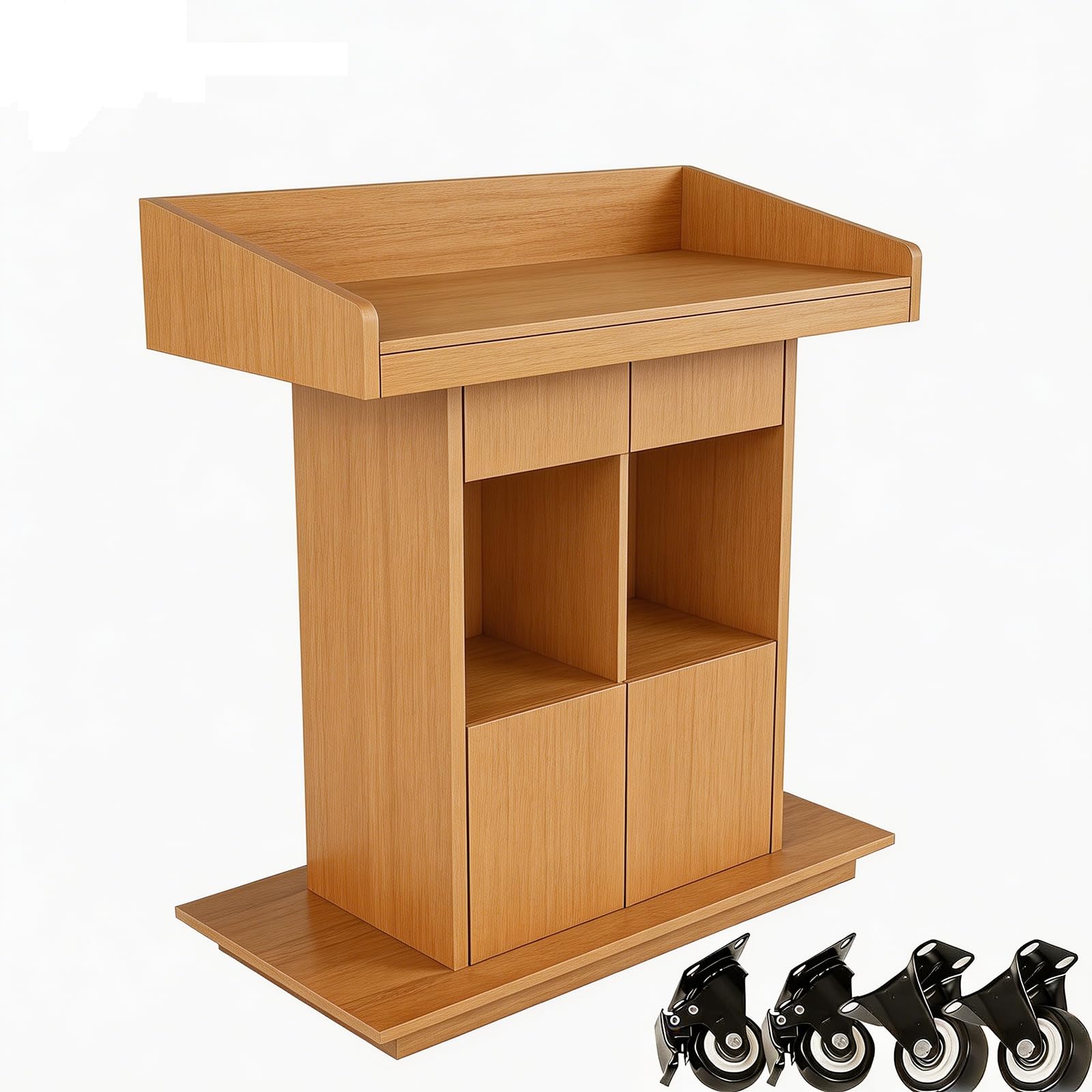 Generisch Mobilny pulpit mówniczy, drewniany, z regulowanymi kółkami, ciężka stopa do kościoła i biura, na kółkach pulpit recepcyjny, mównica na konferencje szkolne, naturalne wykończenie