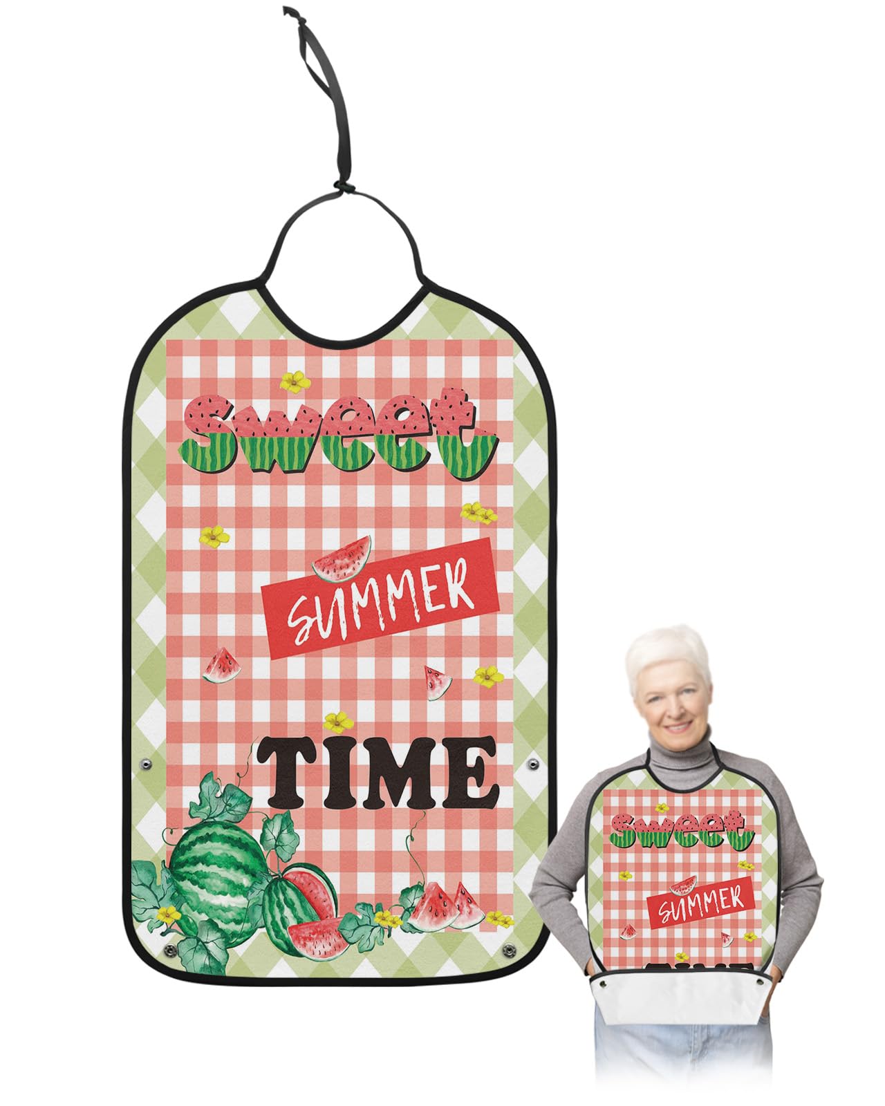 LEOKOTI Summer Watermelon Adult Bibs for Eating, Waterproof Bibs with Food Catcher & Adjustable Snap Closure, Teal Red Plaid Sweet Time Washable Clothing Protectors Adult Bibs for Elderly Women/Men
