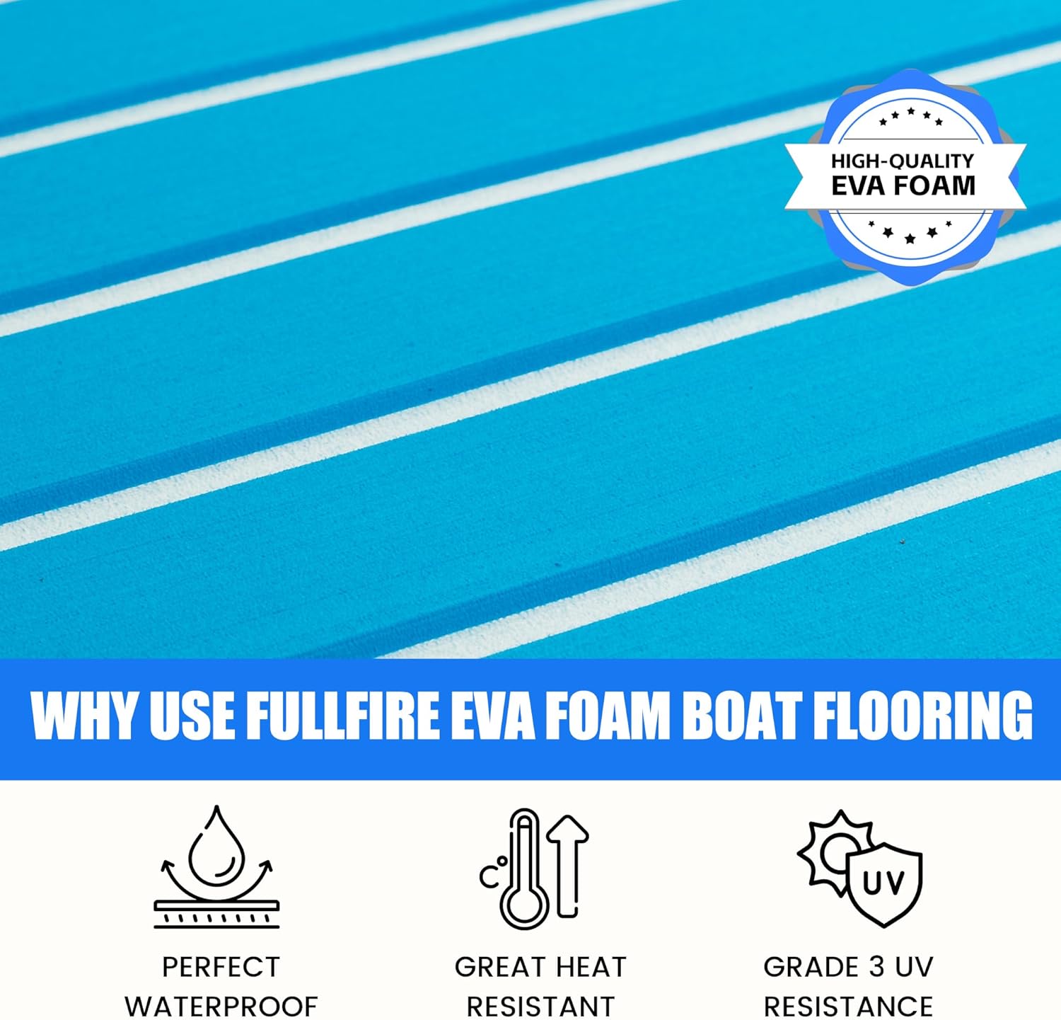Condition photo showing New/Like New for Fullfire EVA Foam Boat Flooring with 3M Self-Adhesive Backing, Marine Decking Faux Teak Deck Sheet for Jon Boats Pontoon Boat Yacht RV Jet Ski Kayak Floor (Blue, 94" x 23.5")