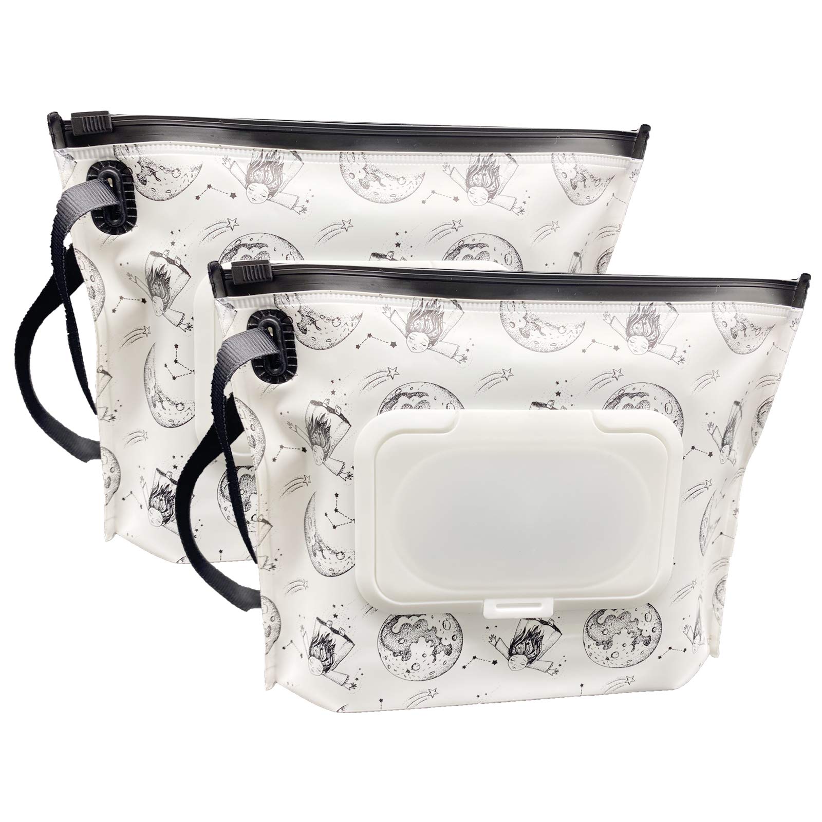 ULVBABI Kleine Größe, tragbare Feuchttücher-Behälter (17.8x13.7 cm), wiederverwendbar und nachfüllbar, Baby-Feuchttücher-Spender, umweltfreundlich, handlich, Tragetasche, Halter (Moon Girl)