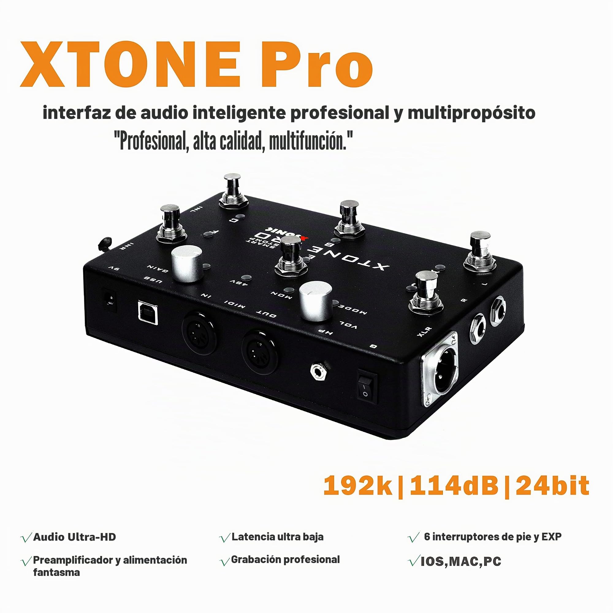 XSONIC Xtone Pro Interfaz de audio móvil profesional, latencia ultrabaja, 192 KHz y 114 dB, 2 entradas, 3 salidas, entrada EXP, iOS, Windows, Mac, interfaz de audio para Live Gig, Home Studio