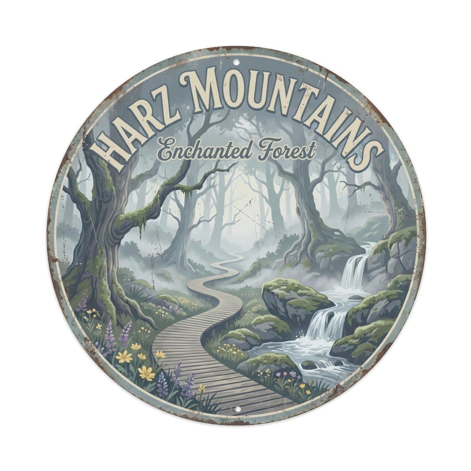 Vintage Travel Harz Forest Germany Mountain Metal Tin Sign Plaque Wall Decor for Cafe, Club, Garden Round Metal Poster 8x8Inch