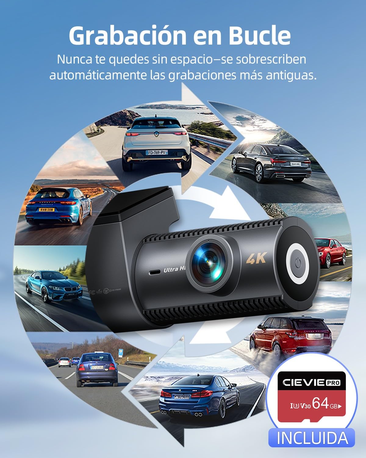4K+1080P Dash CAM Coche, 5GHz WiFi Dashcam con Tarjeta SD 64GB, Camara Vigilancia Coche con 1,5″Pantalla, 170° Gran Angular, Sensor G,Visión Nocturna,Monitor de Aparcamiento,Grabación en Bucle