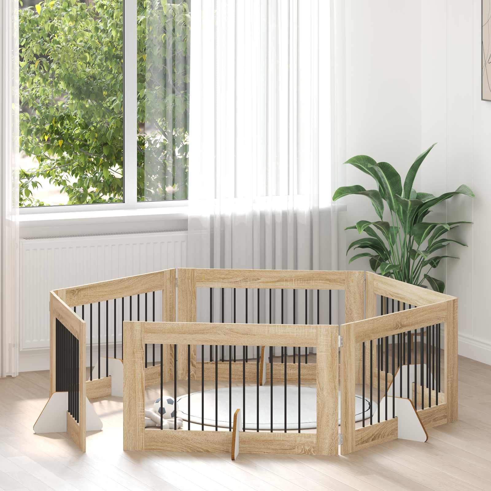 Portería para perros de 6 piezas con soporte de roble Sonoma 100 x 60 cm, plegable, modular ampliable para interior y exterior, caño seguro, protección y cierre para perros y cachorros