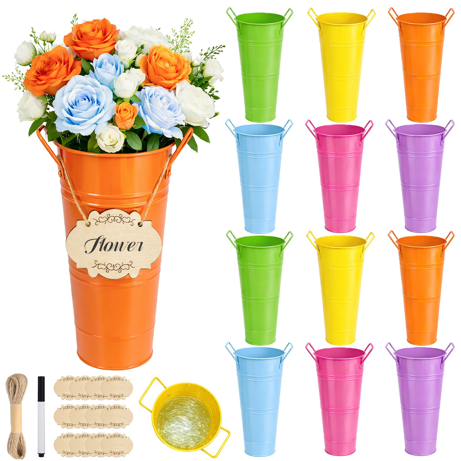 Photo 1 of Cinrobiye 12Set Farmhouse Vase Decor 10inch Galvanized Metal Flower Buckets Small Wooden Label Vintage Rustic Tin Flower Buckets for Artificial Floral Table Centerpiece Weddings Decor (Mix)