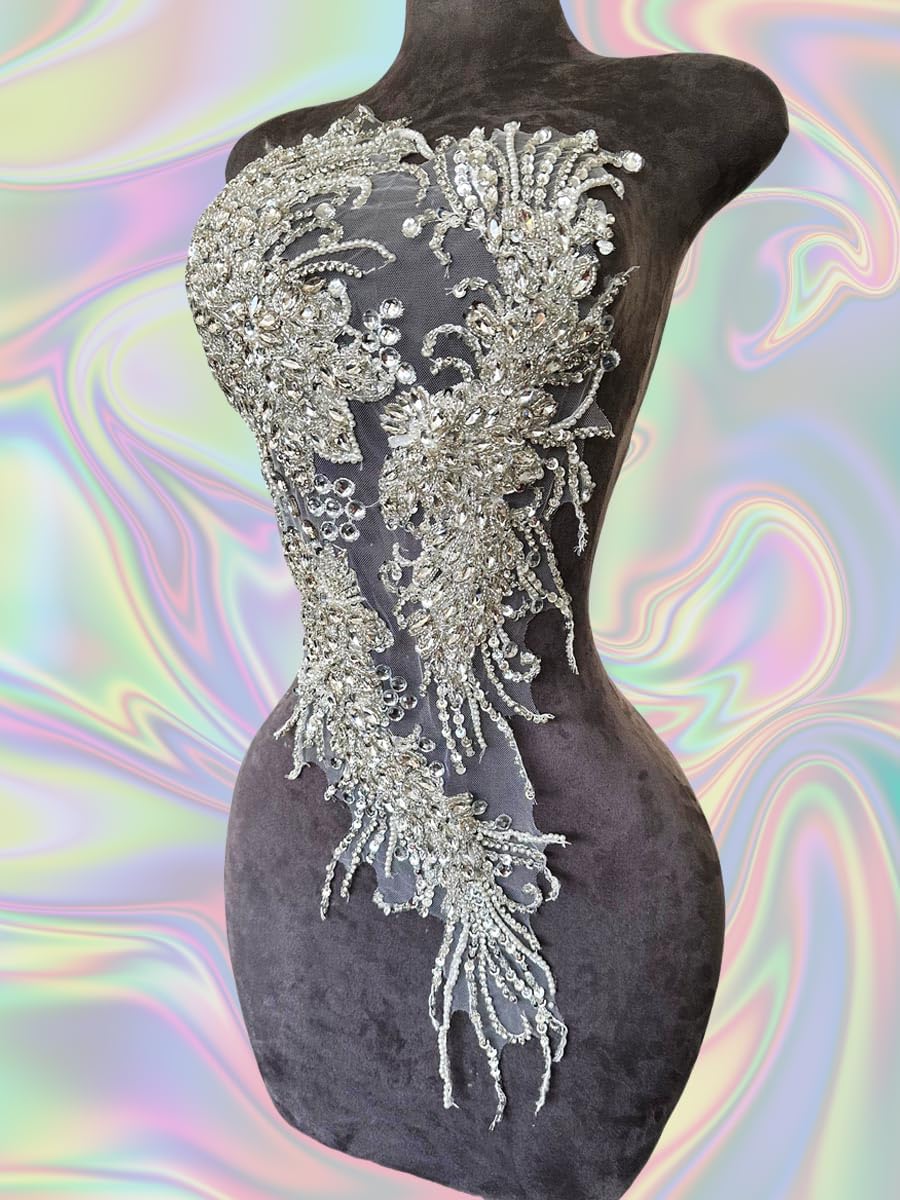 Large Handmade Beaded Crystal Patches with Rhinestone Applique Designs for Prom Formal Dress 1PCS/Bag (Silver)