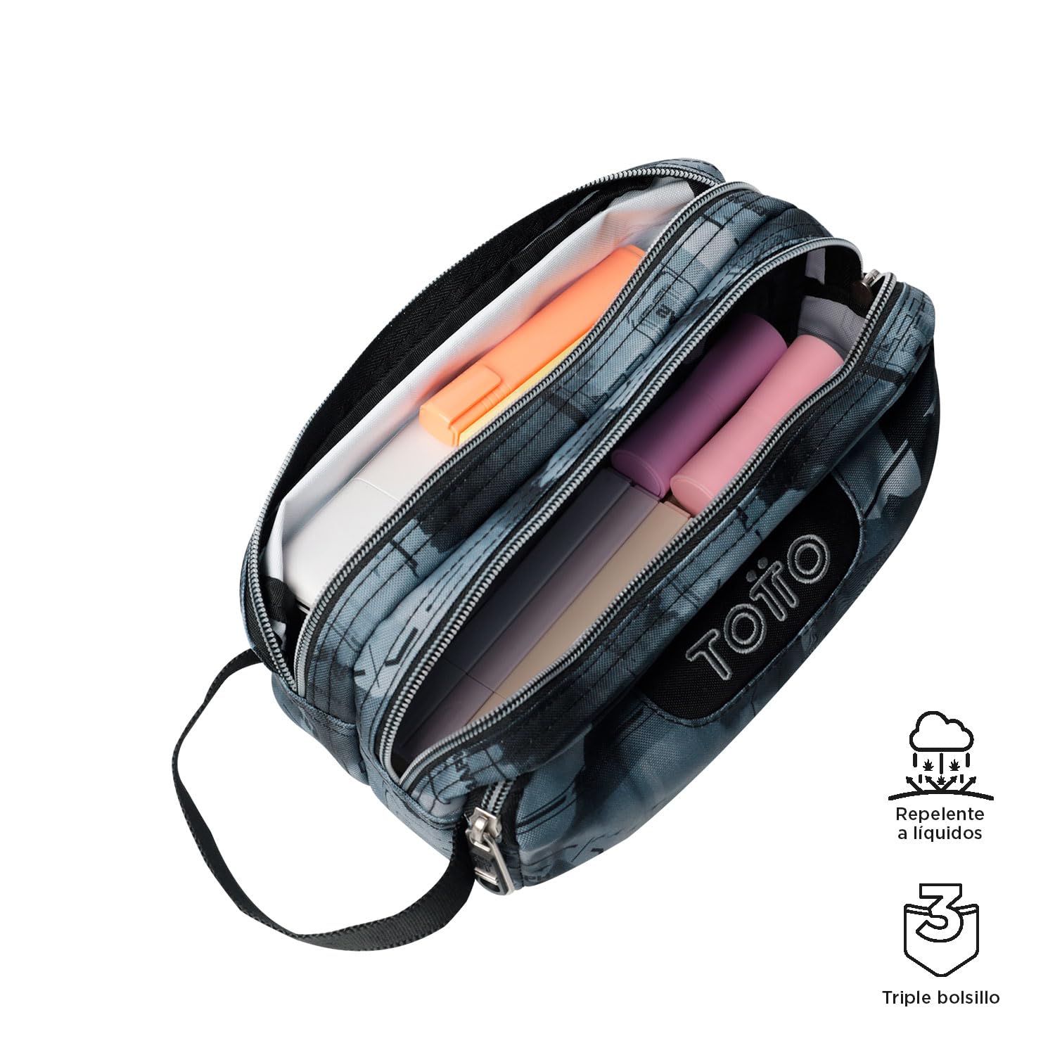 TOTTO - Astuccio scolastico a 3 scomparti, modello Agapec, astuccio grande, dimensioni 23 x 11,5 x 10,5 cm, manico laterale, manici ergonomici in PVC, tessuto resistente, stampa digitale Hill