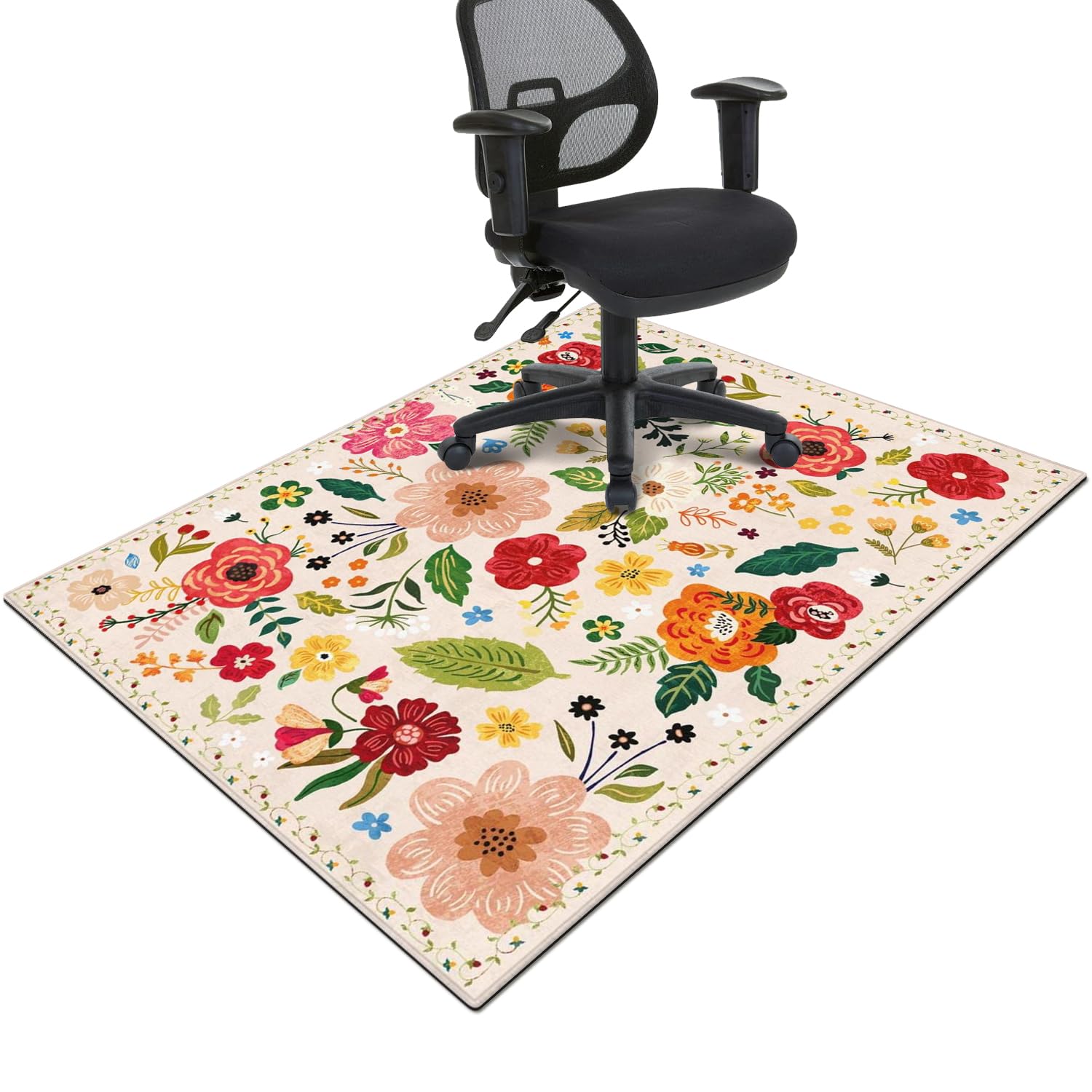 Office Chair Mat for Hardwood &amp; Tile Floor,Boho Floral 60"x48" Office Computer Chair Mat for Rolling Chairs,Under Desk Non Slip Gaming Rug,Rubber Backing Large Low-Pile Carpet Protector Mat(Beige)