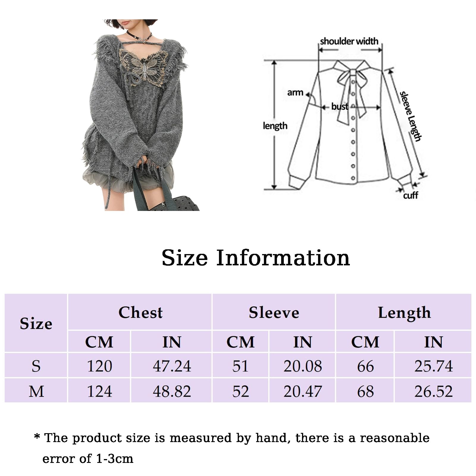 Damski sweter oversize z dzianiny z motywem motyla, postrzępione brzegi, frędzle, top Y2K w stylu punk