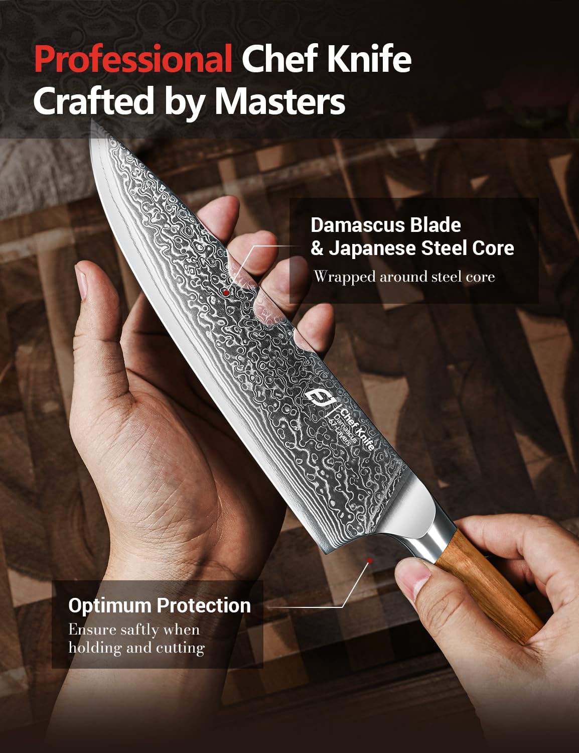 Emojoy 8-Inch Damascus Chef Knife, 67-Layer Japan Steel, Olive Wood Handle — Amazon image 5