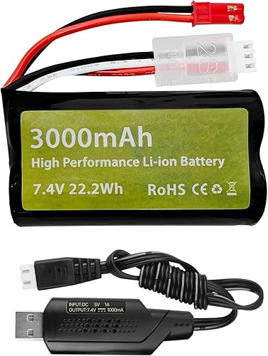 Fytoo Batería de iones de litio de 7.4 V 3000 mAh 15C 2S con enchufe JST-2P con cable de carga USB para UDIRC UD1601 UD1602 SG1603 RC Car 110, 112,