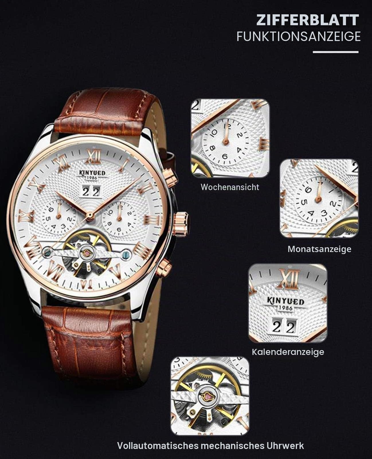Automatische Lederuhren für Herren, luxuriös, Tourbillon, selbstaufziehend, klassischer Kalender, leuchtende, wasserdichte Uhren für Herren