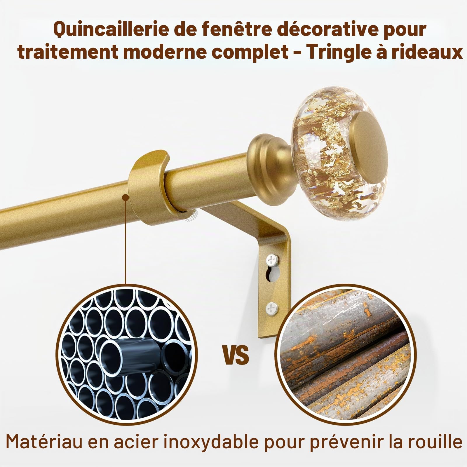 Tringles à rideaux dorées pour fenêtres de 81,3 à 183 cm : tringle à rideaux réglable en acrylique de 2,5 cm avec embouts en feuille d'or translucide - Tringle à rideaux décorative simple pour chambre