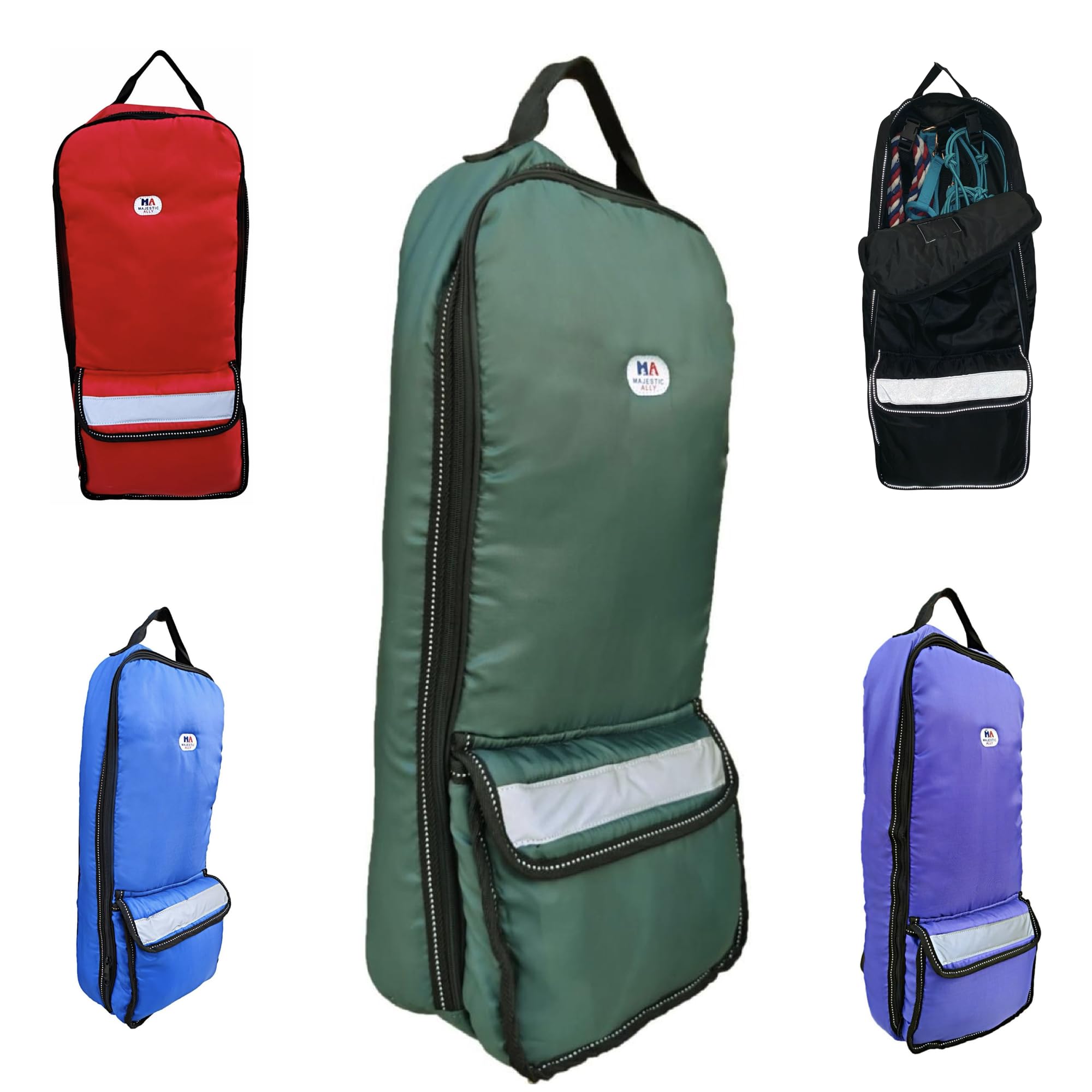 Majestic Ally Halter Bridle Carry Bag - Reflective, Padded with Front Large Pocket Tack Carry Bag to Keep Horse Tack Clean and Safe (Hunter Green)