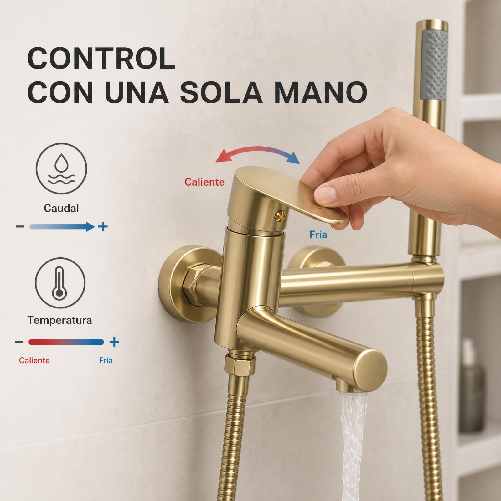 Grifo de bañera y ducha monomando dorado con ducha de mano, latón
