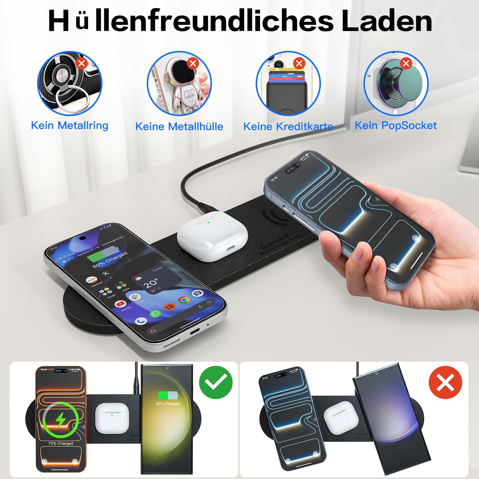 ZealSound Wireless Charger, 3-in-1 induktive Ladegerät für iPhone 17 16 15, Samsung Galaxy, AirPods & Galaxy Buds, Ultraschlankes PU-Leder-Design für Zuhause, Büro und Reisen, mit 36W EU-Stecker