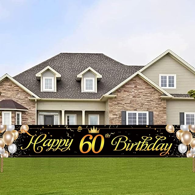Adisno Large Happy 60th Birthday Banner, Cheers to 60 Years Flag, Black Gold 60 Anniversary Party Sign Party Decorations Celebration Flag (9.8 feet X 1.6 feet)