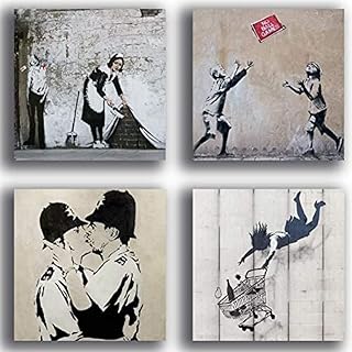 Printerland Quadri Moderni Stile Banksy 4 Pezzi 40x40 cm Arredamento Arte Astratto XXL Arredo per Soggiorno Salotto Camera da Letto Cucina Uffico Bar Ristorante, Legno, Stampa su Tela Canvas