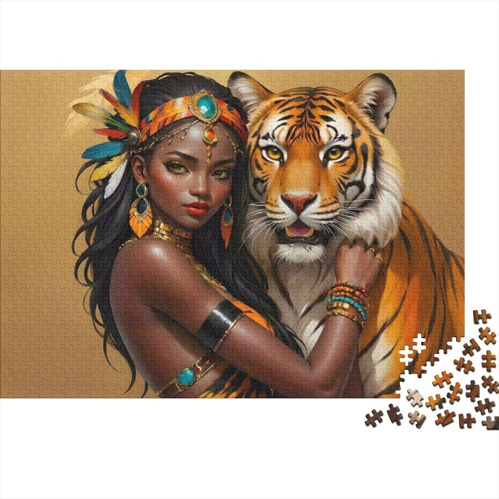 Tiger Woman Art 1,000-piece RECYCLED CARDBOARD For Adult Durable Woman And Tiger Jigsaw Puzzle for Wall Decoration & Gifts Great Gift Idea 52x38cm/1000pcs