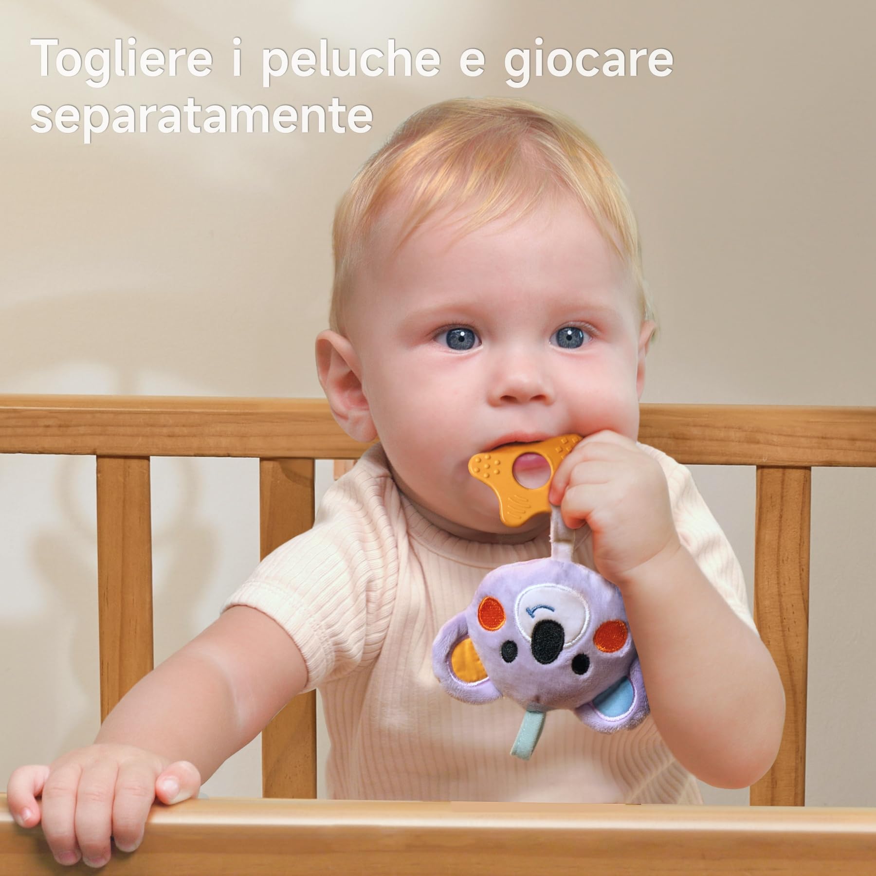 TUMAMA Giochi Arco Viaggio Passeggino per Neonato 0 3 6 9 12 Mesi, Peluche Animale Passeggino Giocattolo Gioco per Neonati Bambina Ragazzo, Clip On Auto Carrozzina con Sonaglio Teether Campana