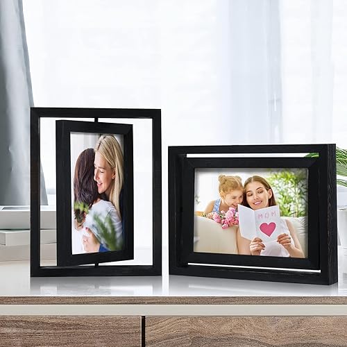 Miniatura 5 de Egofine Paquete de 2 portarretratos flotantes giratorios de 4 x 6, pantalla de doble cara con frente de vidrio HD, marco de madera envejecida para