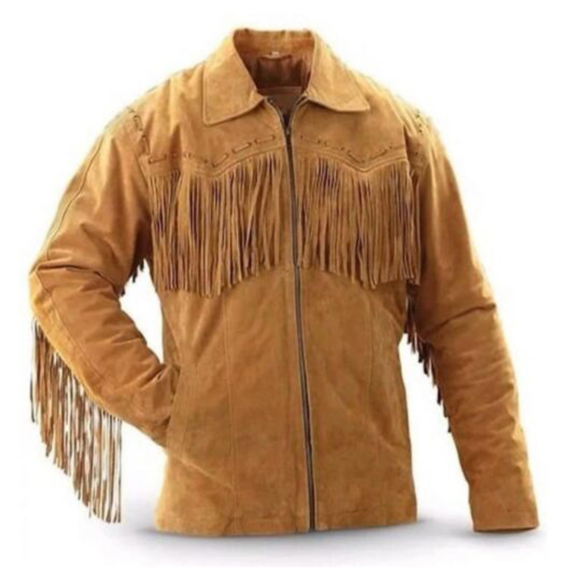 Chaqueta vaquera tradicional occidental para hombre, chaqueta de piel de ante marrón con borlas de flecos