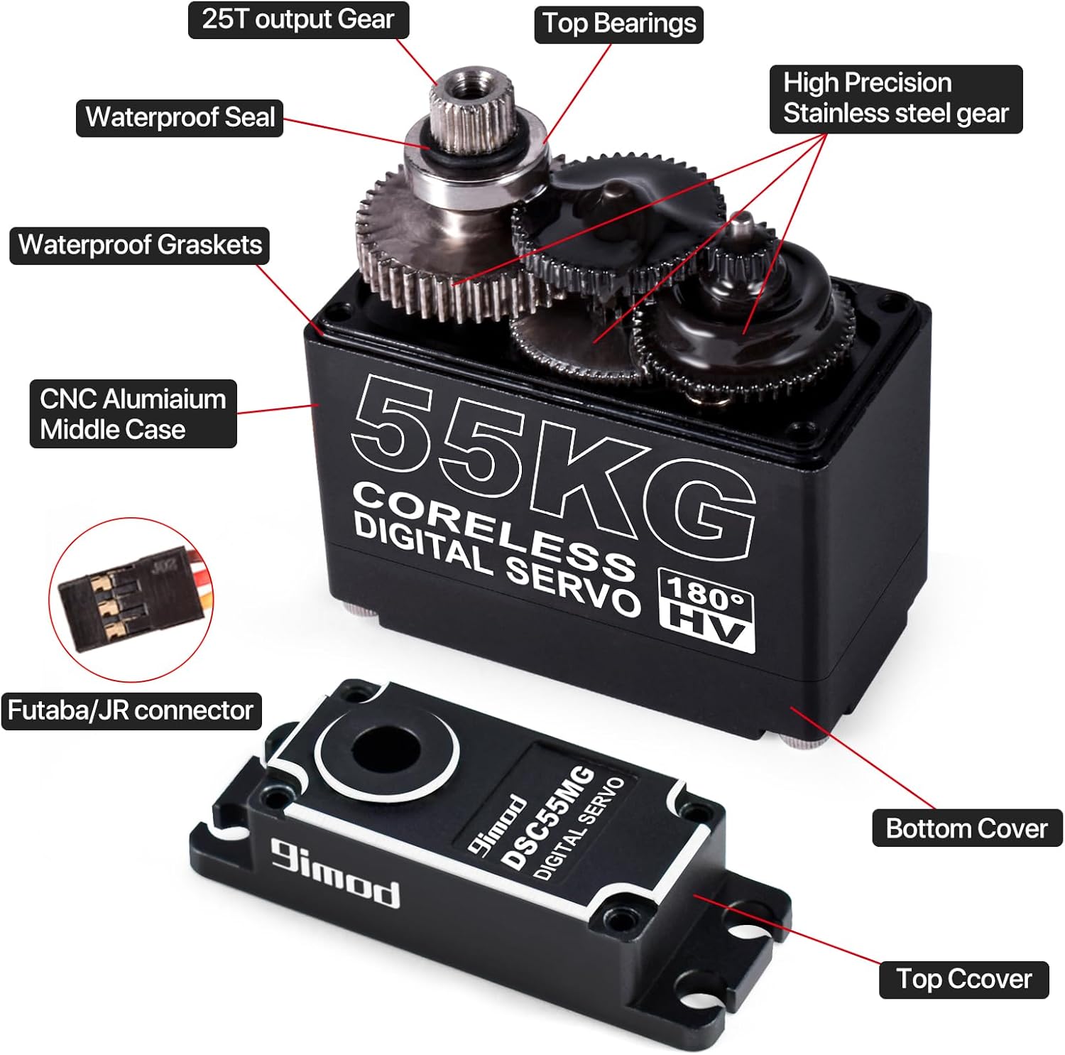 55KG High Torque Servo High Speed HV 8.4V Coreless RC Steering Servo Motors Stainless Steel Gear Low Profile Waterproof RC Crawler Servo for 1/8 1/10 1/12 Scale Cars DIY Robotic - 180 Degree