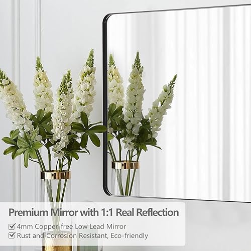 Miniatura 5 de Espejo de baño negro de 36 x 30 pulgadas, espejo de pared negro, espejo de tocador de baño negro mate con esquina redondeada, inastillable