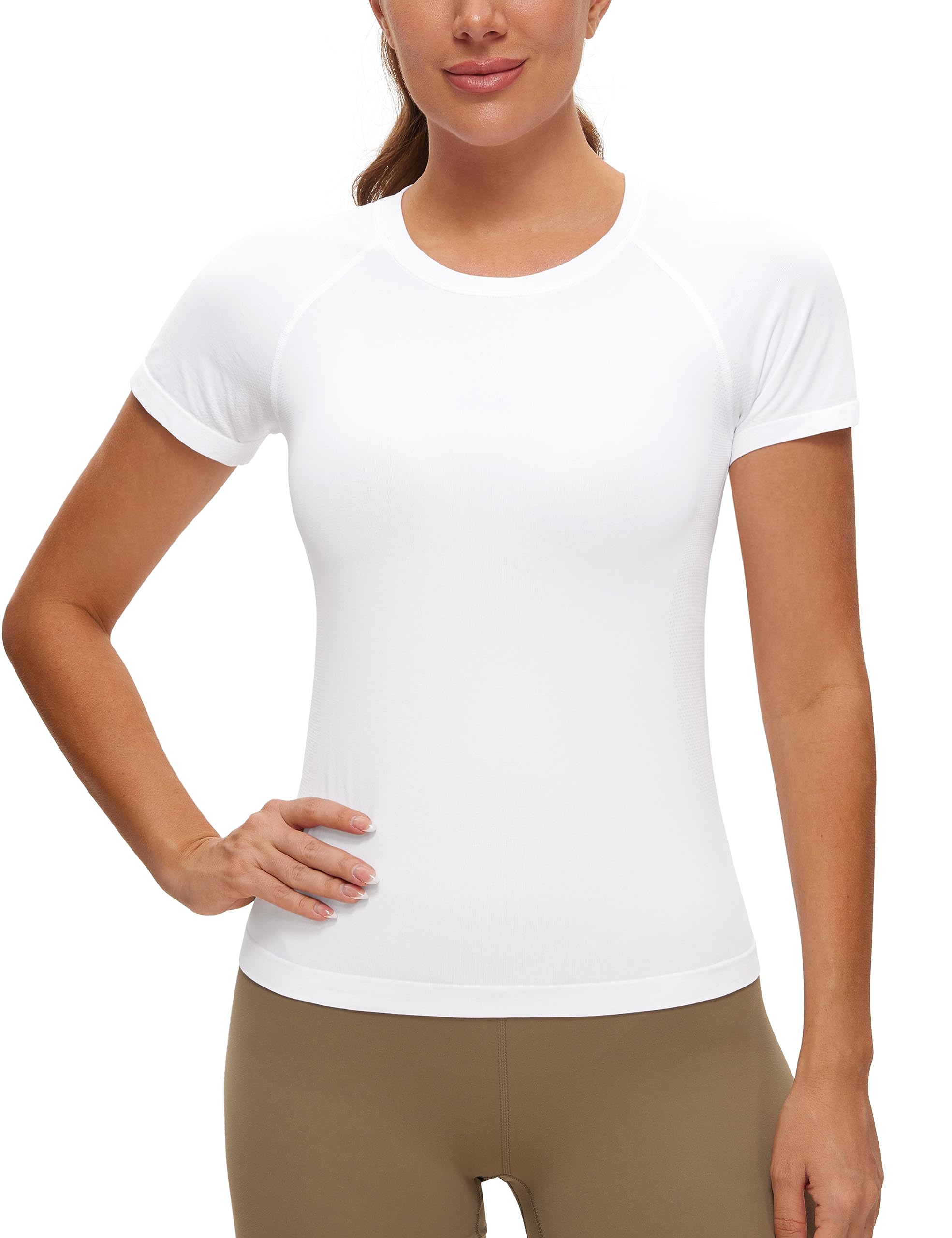 CRZ YOGA Women's Seamless Workout Tops Breathable Short Sleeve Gym Shirts Running Yoga Athletic T-Shirts