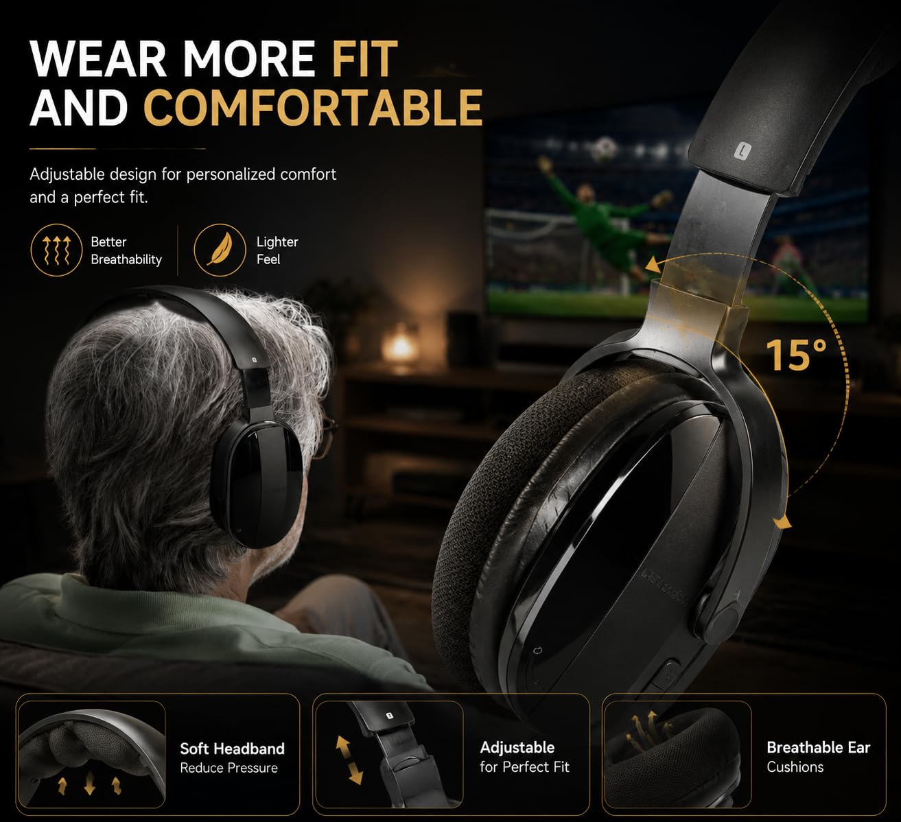 Retekess TA007 Cuffie Wireless per TV, Stazione di Ricarica Trasmettitore 2.4G, Nessun Ritardo Audio, Distanza 60m in Luogo Aperto, Cuffie senza Filo per tv, Connessione Wireless, per Casa