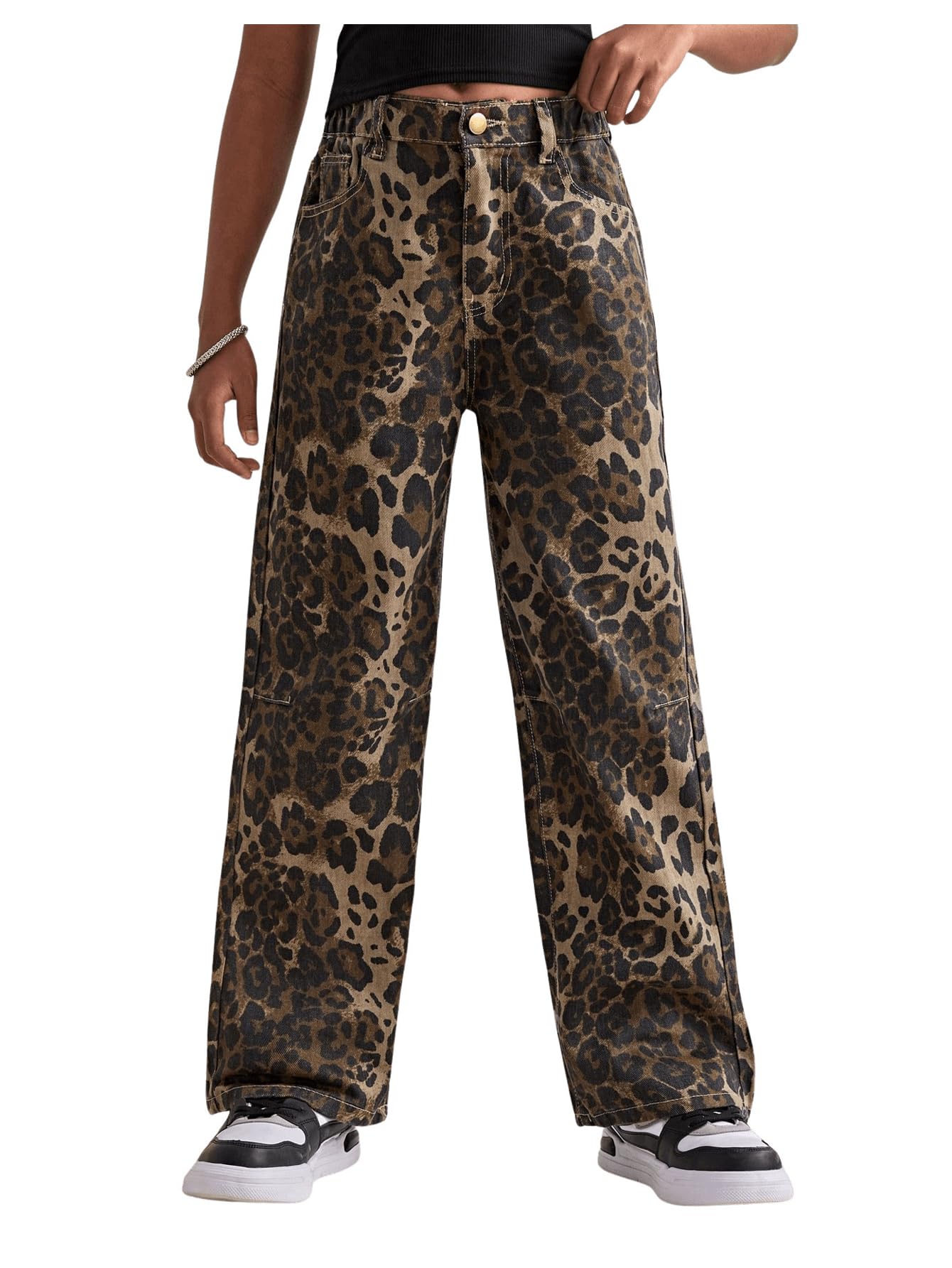 Floerns Mädchen-Jeans, Leopardenmuster, mittlere Taille, gerades Bein, Y2k Grunge Denim-Hose