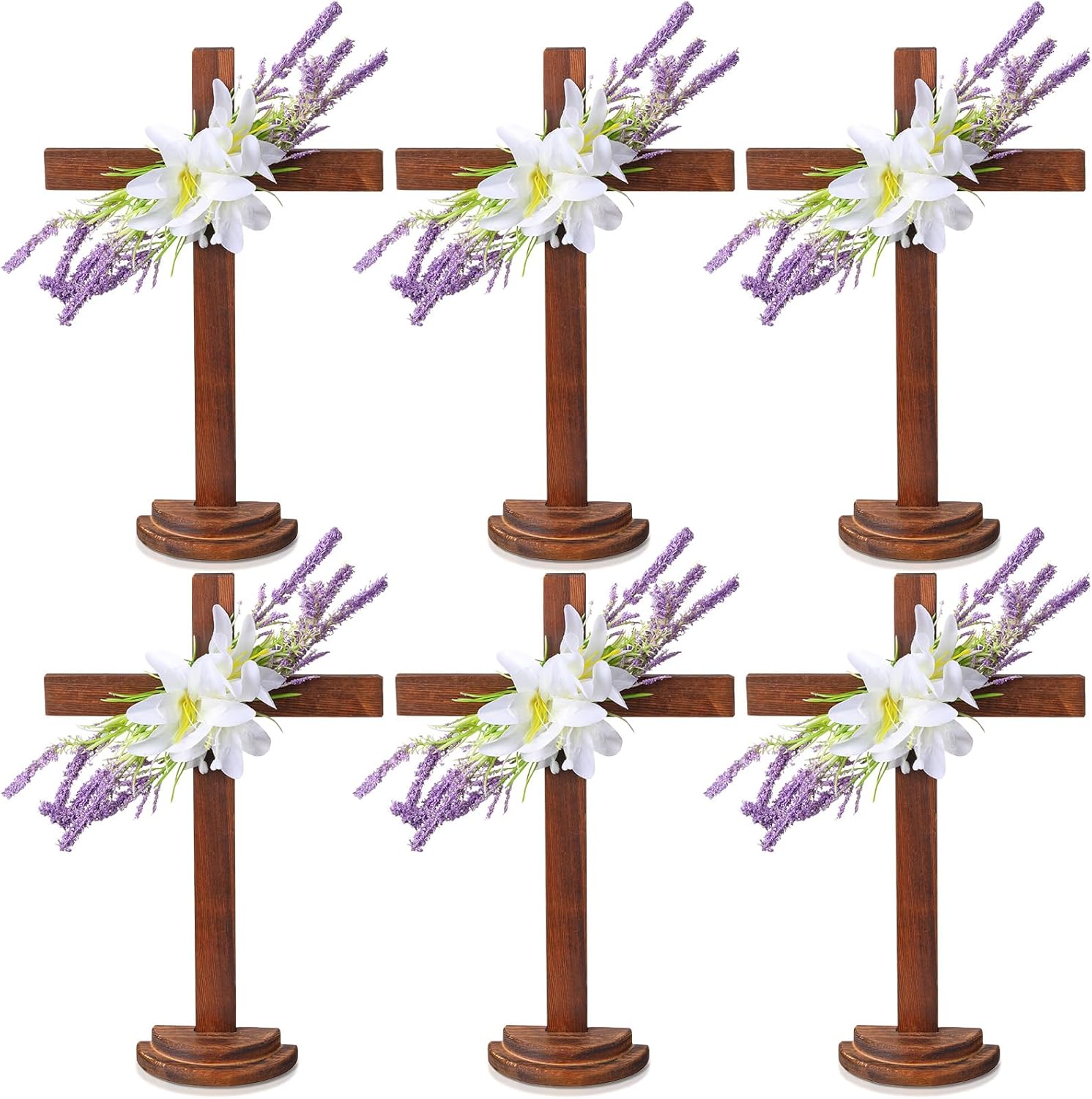 Qunclay 6 Pcs 11.8 Inch Wooden Easter Cross Standing with Base Decoration Easter Religious Table Centerpiece with Lavender Holy Cross Statue Christian Tabletop for Wedding Church Outdoor Baptism
