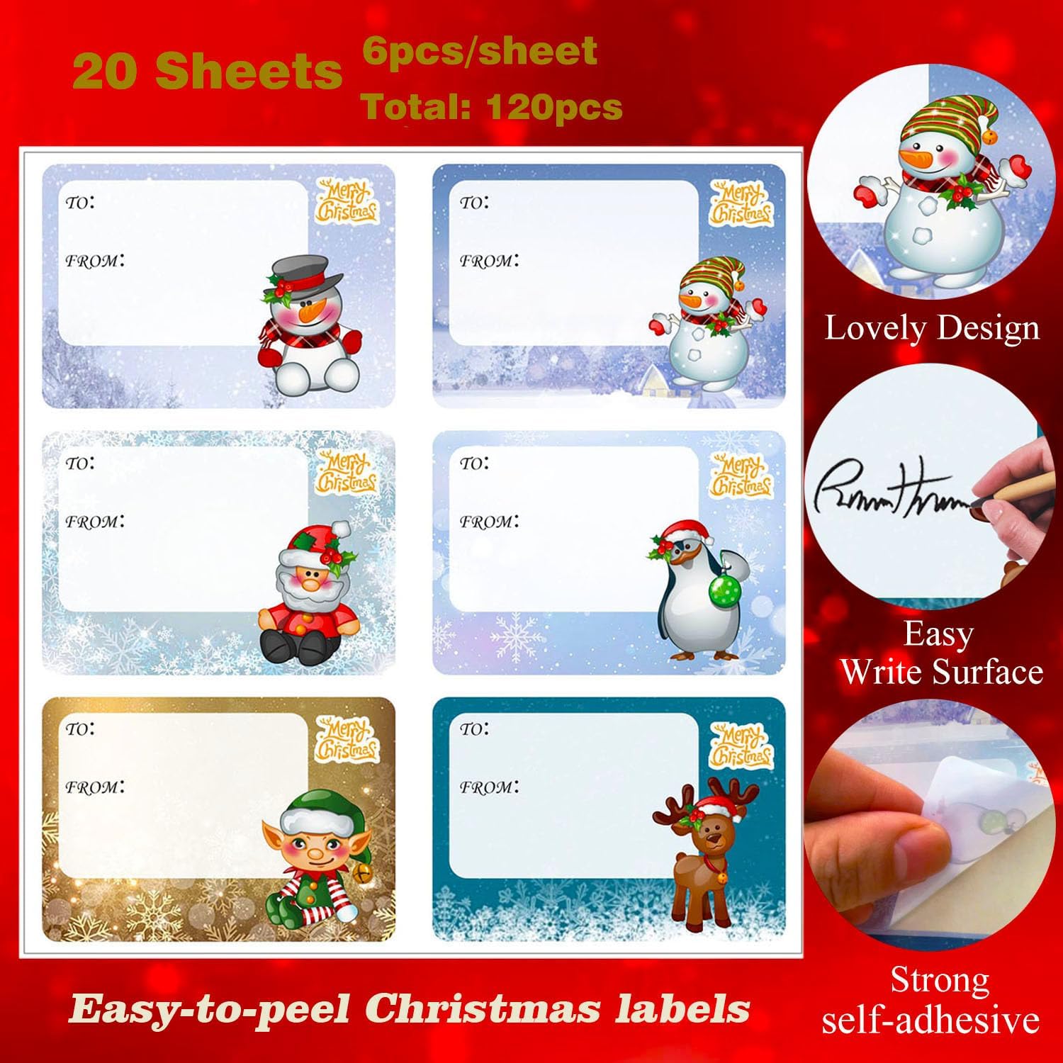 Christmas Stickers Labels 120Pcs Christmas Gift Tags Self-Adhesive Xmas Sticky Labels for Present Party Bags Cards Envelope(75x52mm) - Image 3