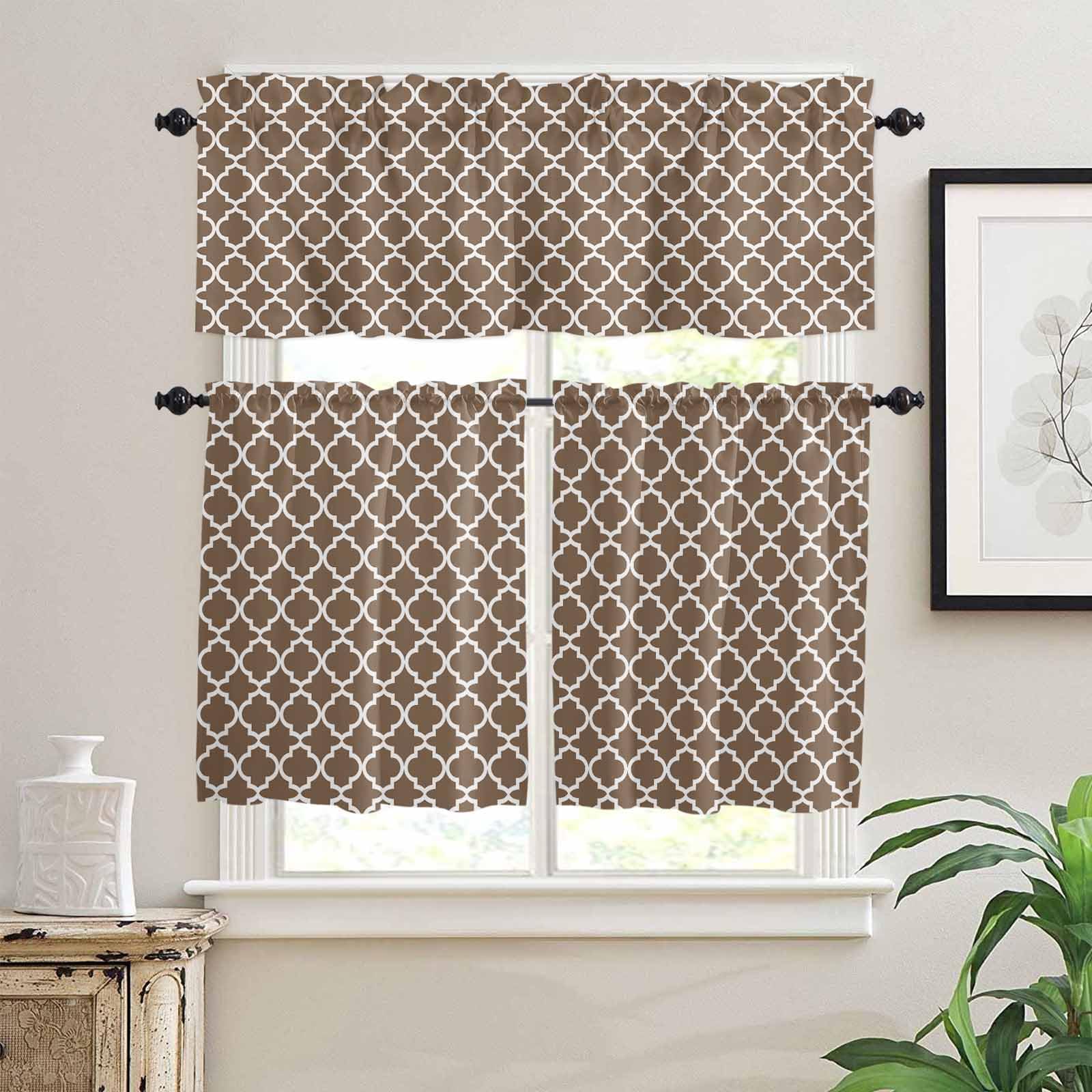 Brown Moroccon Kitchen Curtains 36 Inch Length,3 Piece Rod Pocket Small Half Tiers and Valance Set,Retro Country Minimalist Abstract Motifs Small Large Window Treatment Decor for Bedroom/Bathroom