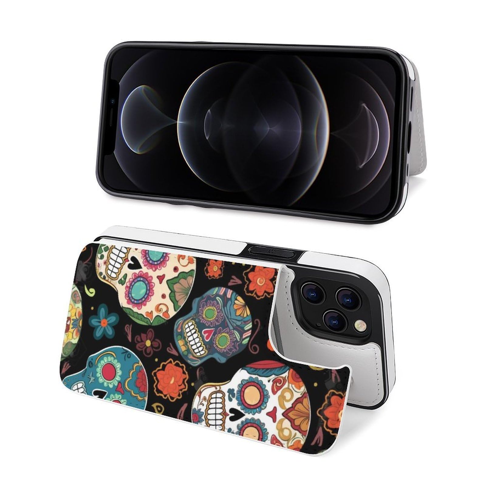 Fundas tipo cartera para iPhone 12 Pro, diseño de calaveras de azúcar, funda de piel con ranuras para tarjetas