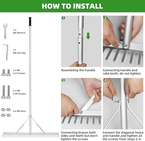 Miniatura 4 de Rastrillo de jardín de 36 pulgadas, rastrillo de aluminio resistente para hojas con mango largo de 69 pulgadas para aflojar el suelo, cuidado del
