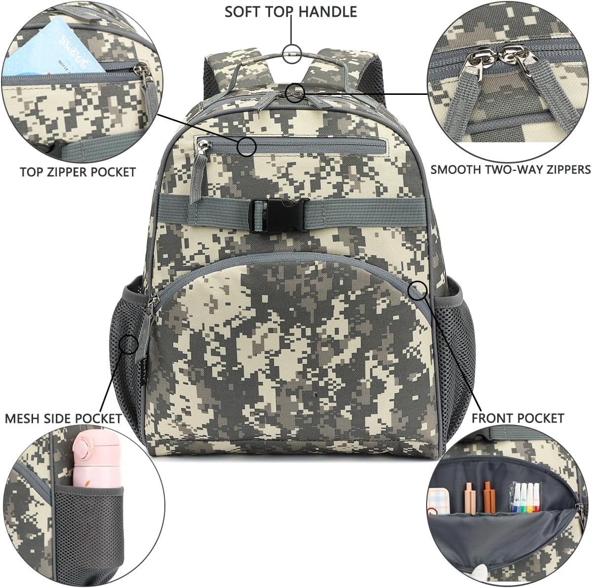 FlowFly Kids Backpack for Toddler Boys Girls, Simple Lightweight Bookbag for Daycare Kindergarten Elementary School Travel, Small Modern Bag (Medium 15''), Digital Camo - Image 4