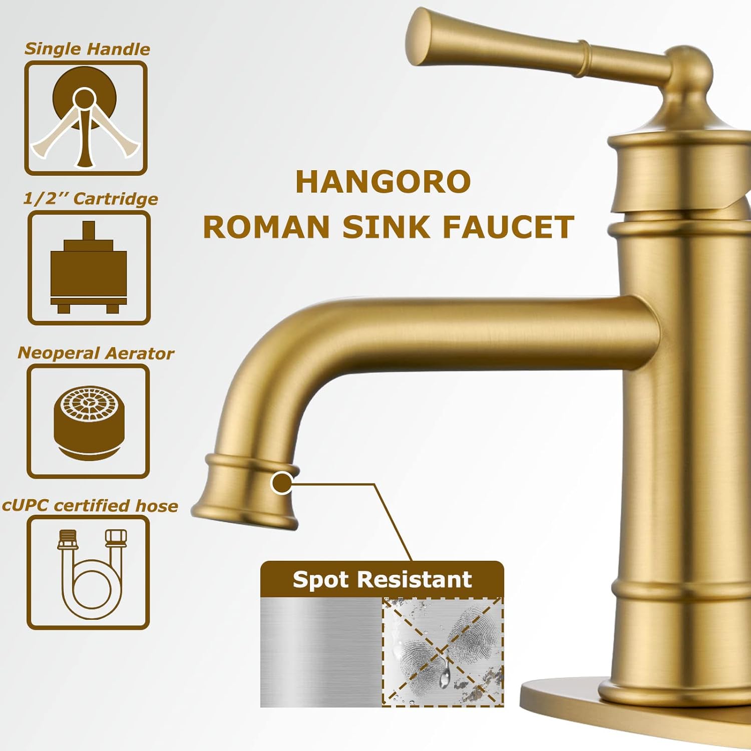 Single Hole Bathroom Faucet,Brushed Brass Gold Bathroom Faucets,Bathroom Sink Faucet 1 Hole,with Pop Up Drain and 2 Supply Hose for Vanity,Lavatory RV Farmhouse (L2301-BG) - Image 3